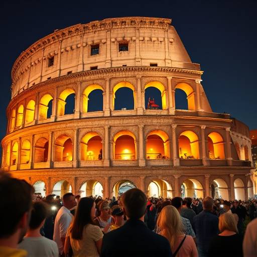 Il Colosseo illuminato di notte a Roma, con turisti che ammirano la sua imponenza.