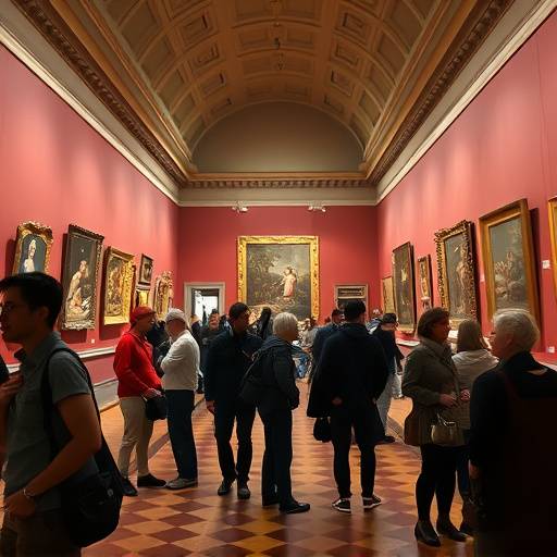 Interno della Galleria degli Uffizi con visitatori che ammirano le opere d'arte