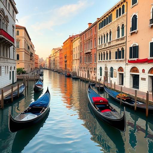 Un canale a Venezia con gondole che scivolano sull'acqua, e palazzi storici che si riflettono.