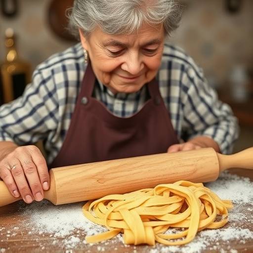 Una nonna italiana che prepara pasta fatta in casa con un mattarello di legno