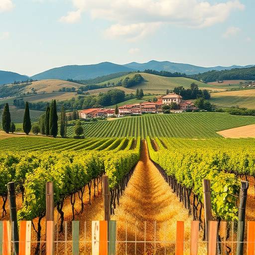 Una veduta dei vigneti del Chianti in Toscana durante la vendemmia, con colline dolci e case coloniche.