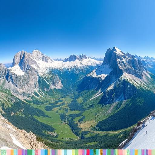 Una vista panoramica mozzafiato delle Dolomiti innevate, con valli verdi e cieli azzurri.