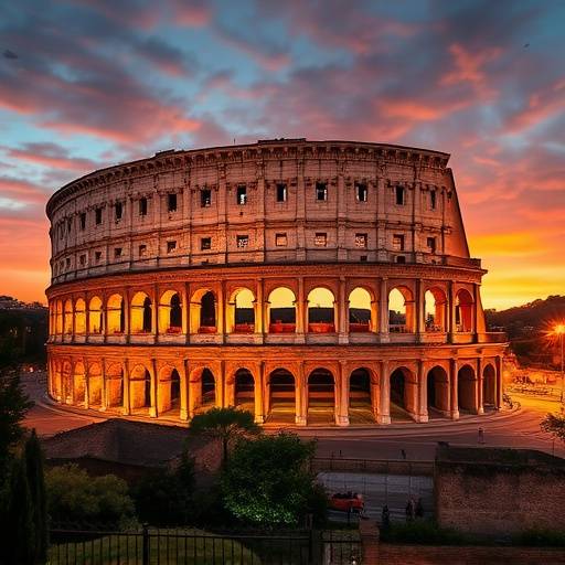 Veduta panoramica del Colosseo illuminato al tramonto